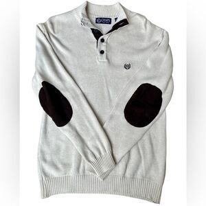 Chaps Cream Sweater 1/4 Button Up with Brown Elbow Patches Men's Small